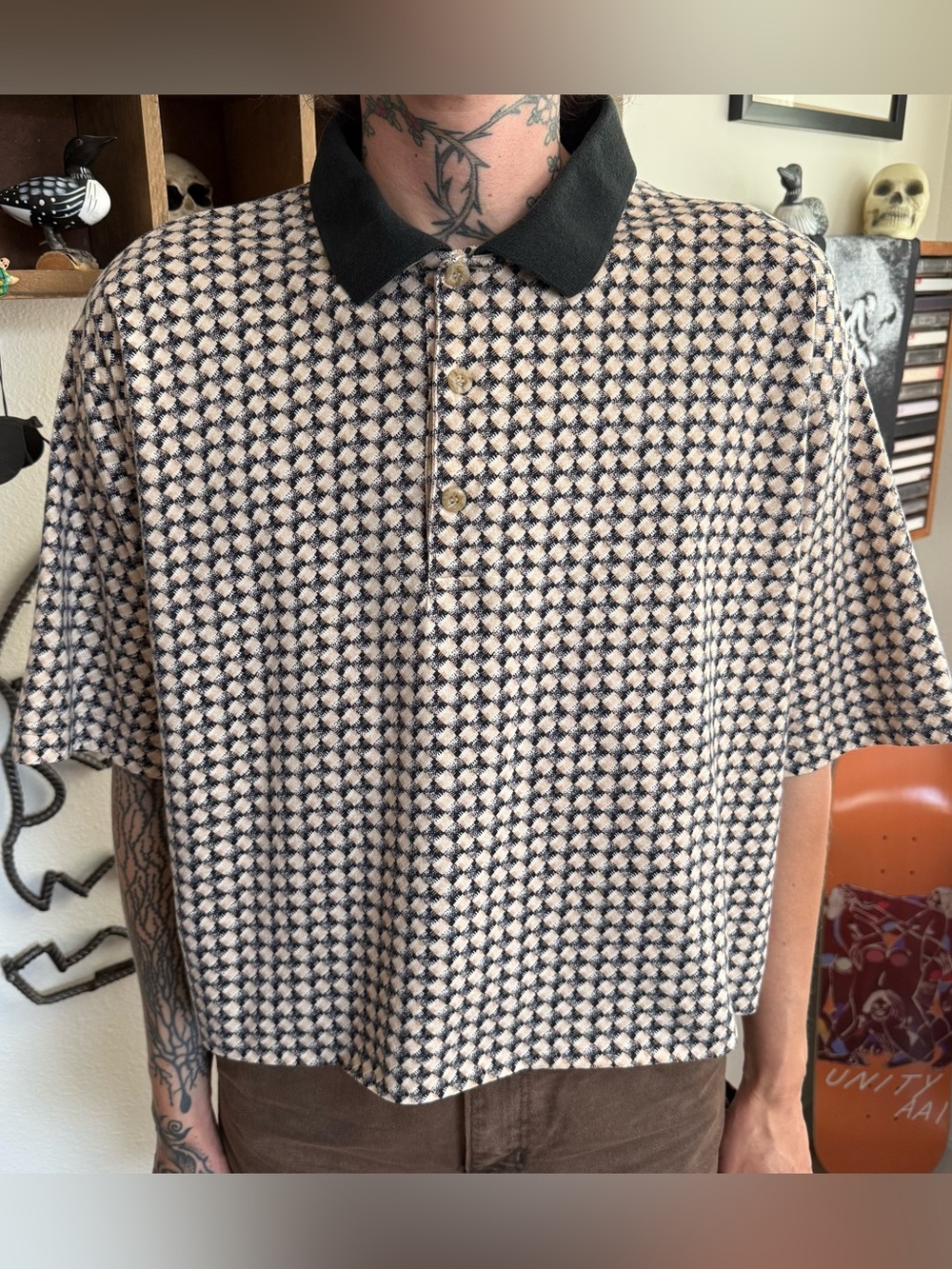 Vintage 90s Cropped Abstract Geometric Cotton Polo - Size Large
